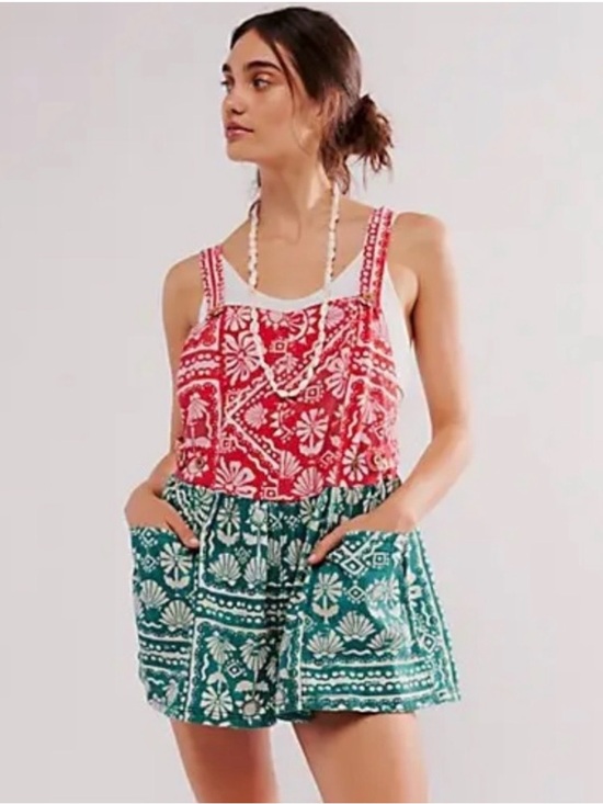Free People Pants - Free People | Tropical Floral Shortalls in Red and Green